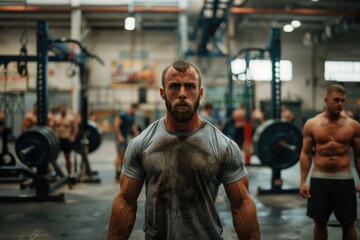 A strong man with impressive muscles is lifting weights in a busy industrial gym, demonstrating intense focus and strength as part of his rigorous workout routine.
