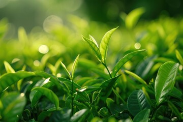 Obraz premium Green tea on a tea plantation. Selective focus