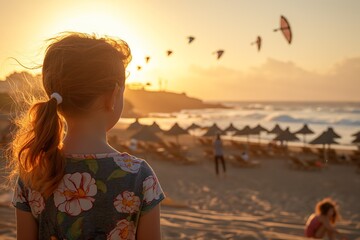 Obraz premium A 12-year-old girl with red hair in a floral shirt watches kites flying above a beach at sunset, with waves and umbrellas in the background