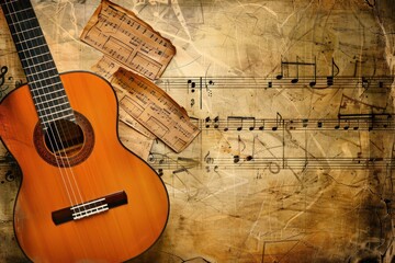 Guitar background with musical notes and keys