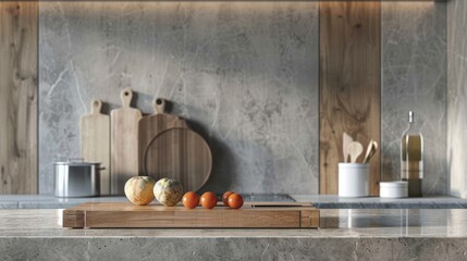 Food product podium in a kitchen setting, featuring wooden and marble elements for a modern display