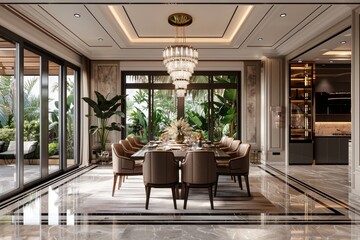 Fototapeta premium Elegant dining room with large windows and a chandelier.