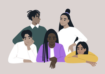 A diverse group of friends gather together, their expressions suggesting a shared moment of reflection