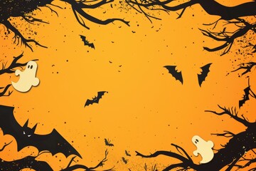Spooky Halloween Sale Banner with Witches, Bats, Cobwebs, and Eerie Ghosts on Orange and Black Background
