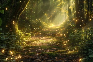 Naklejka premium Magical Forest Path with Fireflies.