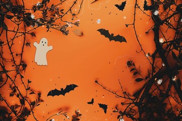 Spooky Halloween Sale Banner with Witches, Bats, Cobwebs, and Eerie Ghosts on Orange and Black Background