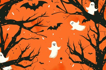 Spooky Halloween Sale Banner with Witches, Bats, Cobwebs, and Eerie Ghosts on Orange and Black Background