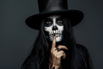 Woman with long black hair and skull face painting in various Halloween costumes at a studio, showcasing Halloween makeup and fashion.