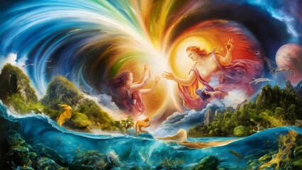 In this vibrant, surreal depiction, two celestial beings converge in a cosmic embrace, symbolizing the unity of divine forces. Their radiant energy illuminates a fantastical landscape.