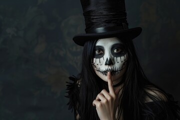 Woman with long black hair and skull face painting in various Halloween costumes at a studio, showcasing Halloween makeup and fashion.