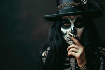Woman with long black hair and skull face painting in various Halloween costumes at a studio, showcasing Halloween makeup and fashion.