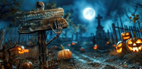 Halloween Card Party - Pumpkins And Zombies In Graveyard With Wooden Board