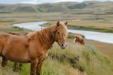 Fototapeta premium horses stand against a background of grassy hills and plains landscape