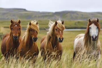 Fototapeta premium horses stand against a background of grassy hills and plains landscape