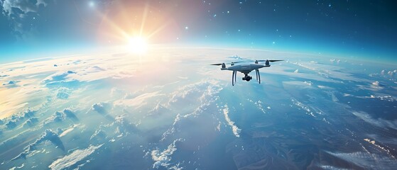 Fototapeta premium Drone Flying Above Earth With Sun Shining.