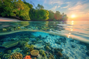 Tropical Beach Split View, Underwater Coral Reef and Sunset.