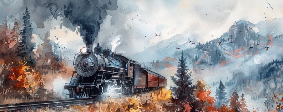 A watercolor painting of a vintage steam locomotive chugging along a mountain track, its plume of smoke trailing behind it, reminiscent of a bygone era of transportation.