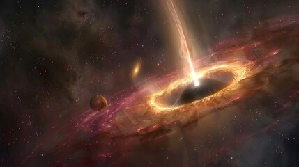 A black hole is depicted in the center of a galaxy
