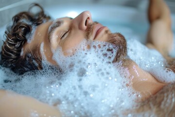 Fototapeta premium man head with hair lathered with shampoo, cleaning hair and relaxing in bath