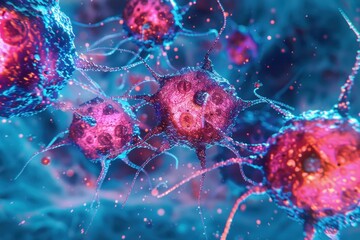 Medical studies on topic of cancer. Human cells affected by cancer infection, oncology under microscope