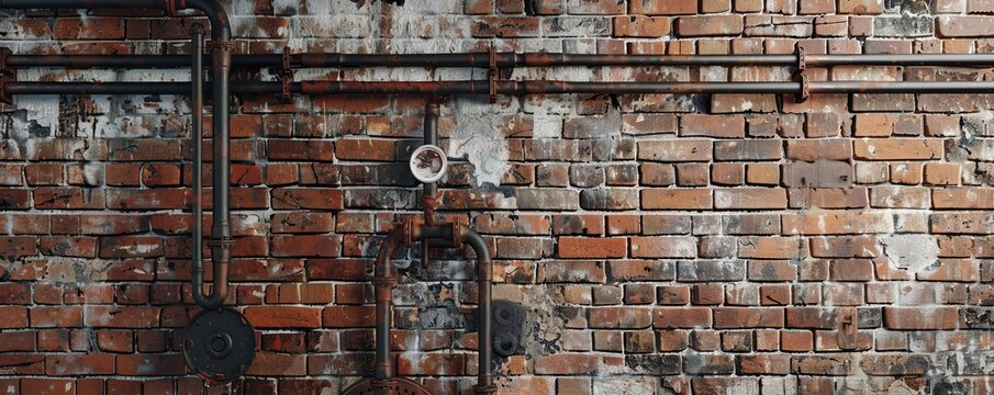 Exposed brick wall with industrial pipes, 4K hyperrealistic photo