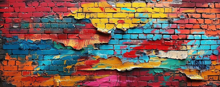 A weathered brick wall covered in graffiti, its vibrant colors and bold messages adding a layer of urban art to the landscape.
