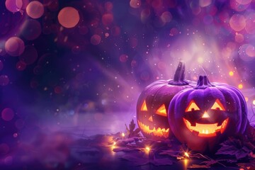 Festive decoration for Halloween. Two glowing pumpkins and bat on background of dark night mystical forest, ultra wide format. Magical atmosphere with festive lights