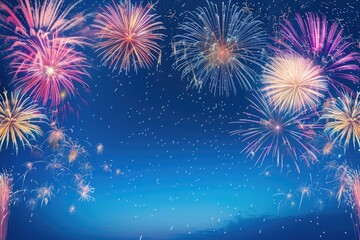 Naklejka premium A spectacular array of bright fireworks illuminates the night sky, casting an awe-inspiring glow perfect for festivities and joyous celebrations.