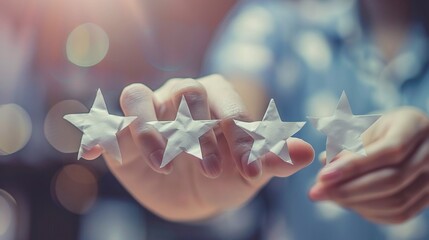 Customer review satisfaction feedback survey concept. Best Excellent Services Rating for Satisfaction present by Hand of Client Showing smile face with excellent rating Five Star. Customer experience
