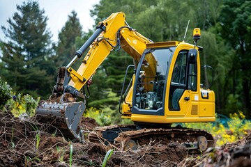 Obraz premium mini buildozer, also known as a compact excavator, is a small, versatile construction machine