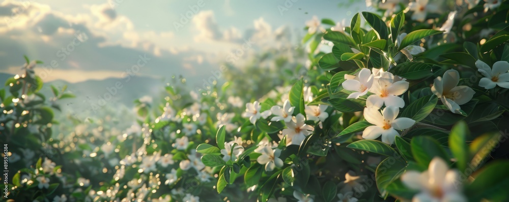 Wall mural fragrant jasmine bushes perfuming the air, 4k hyperrealistic photo