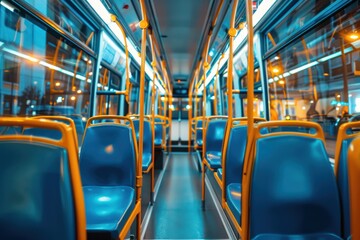 Fototapeta premium Modern City Bus Interior, nobody. Spacious and empty interior of a modern city bus with comfortable seating