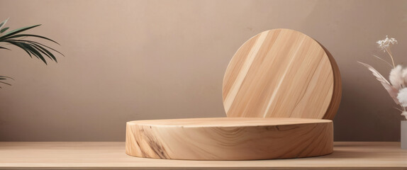 wood podium for display product. Background for cosmetic product branding, identity and packaging inspiration