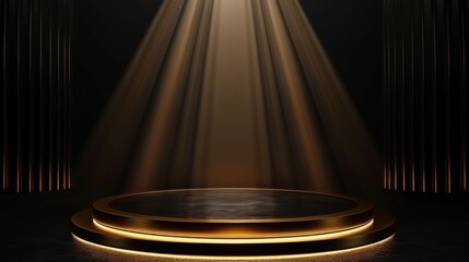 Gold and black podium, elegant stage background, 3D product display, spotlight effect, luxury award platform, night ceremony scene