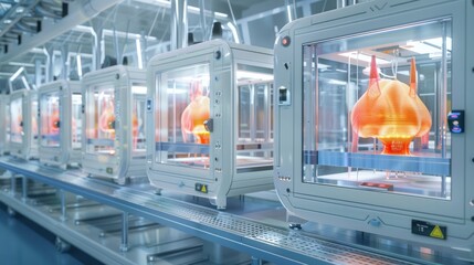 A bioprinting facility with 3D printers creating intricate tissue scaffolds for regenerative medicine and organ transplantation.