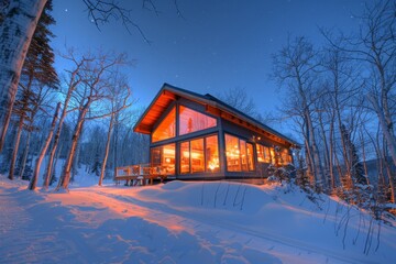 Modern Cabin in Snowy Forest at Night.