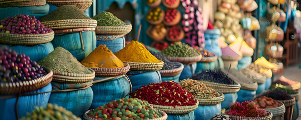 Fototapeta premium Colorful Spices in Baskets at a Moroccan Market - Photo