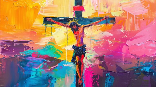colorful abstract watercolor illustration with cubism elements christian cross with paint splashes