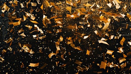 A high-angle view of a golden confetti explosion captured midair against a black backdrop, filling the frame