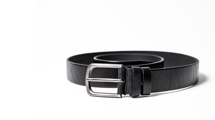 Twisted black leather belt with matted metal buckle isolated on white background. Fastened fashionable unisex, man or woman accessory for trousers, jeans, dress. Male luxury strap. Haberdashery goods