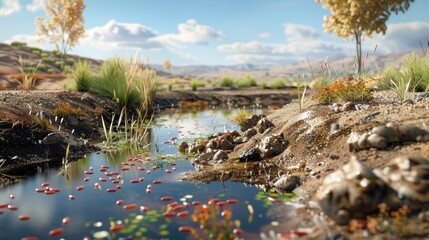 A bioremediation site where engineered bacteria are breaking down pollutants and contaminants in soil and water.