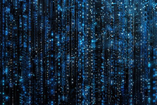 Pattern of blue binary code with glyphs, ones and zeroes, alien glyphs, matrix style, black background