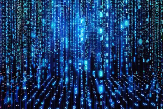 Pattern of blue binary code with glyphs, ones and zeroes, alien glyphs, matrix style, black background