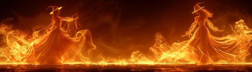 Abstract 3D witches dancing to eerie music, Halloween, mystical and musical
