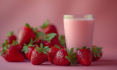 Strawberries and a Glass of Strawberry Yogurt on a Clean Background