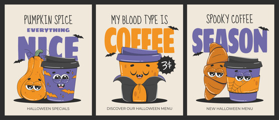 Halloween set of posters in trendy groovy style. Comic branding mascots for cafes, bakery, restaurants. A cup of coffee and a croissant. Retro vector illustration. 