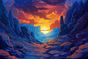 Sunset in a Rocky Canyon Landscape with Vibrant Sky