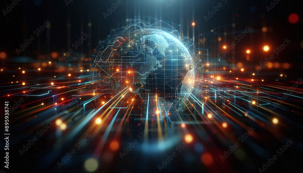 Poster abstract background from colored technological neon lines glowing in dark room