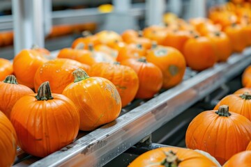 pumpkins in a food processing facility, clean and fresh, ready for automated packing. Concept for a healthy food