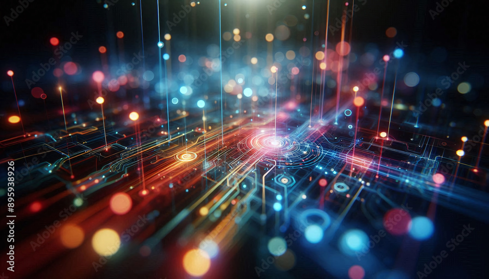 Poster abstract background from colored technological neon lines glowing in dark room